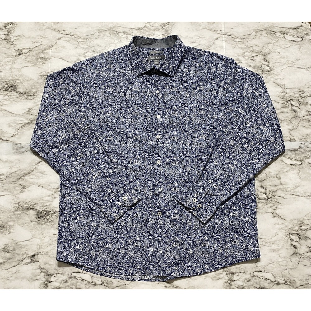 Paulo Solari Modern‎ Fit Men's Shirt 2XL Blue White Paisley Performance Stretch